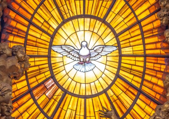 Stained-glass window showing dove.